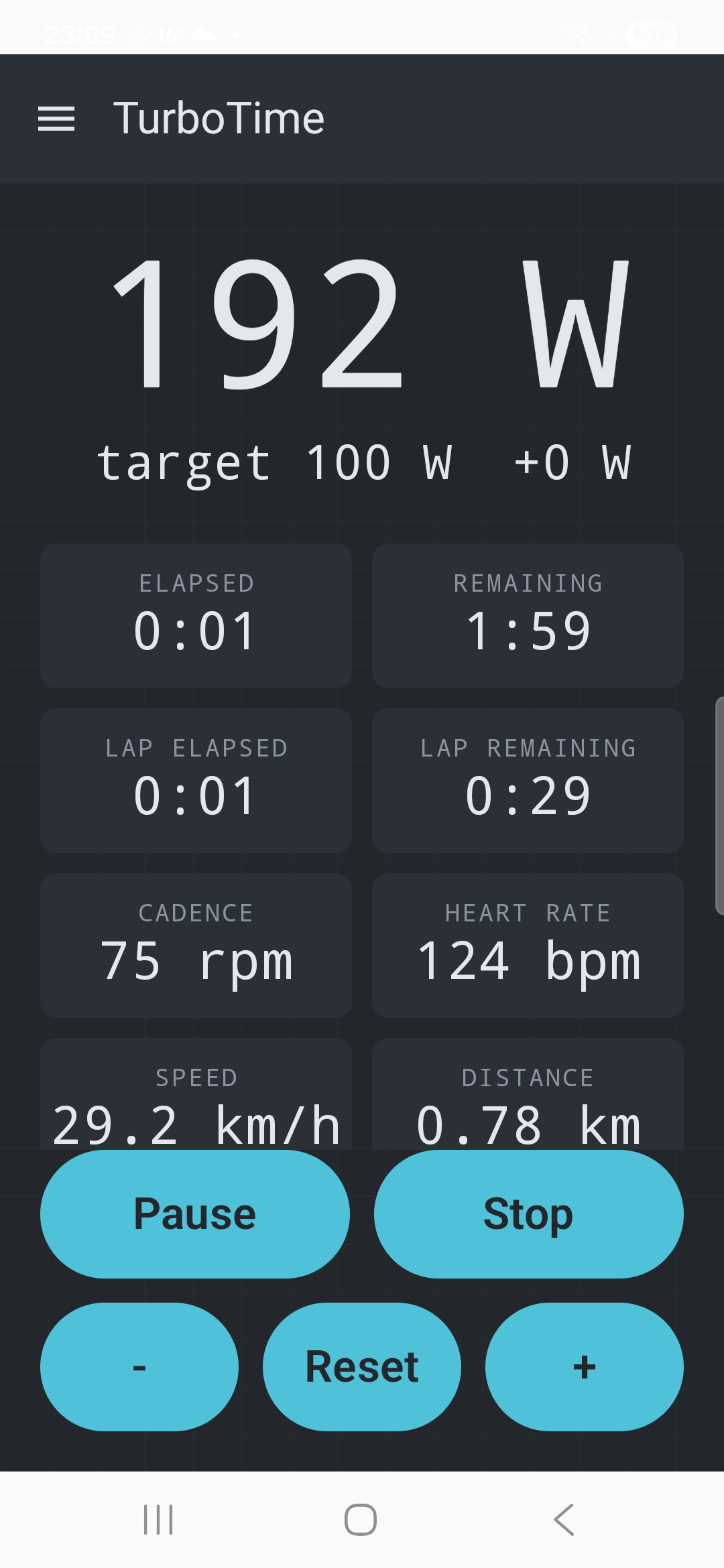 The live session dashboard: actual power, target power and offset, elapsed/remaining time, lap elapsed/remaining, cadence, heart rate, speed and distance, with Pause/Stop and intensity offset controls.