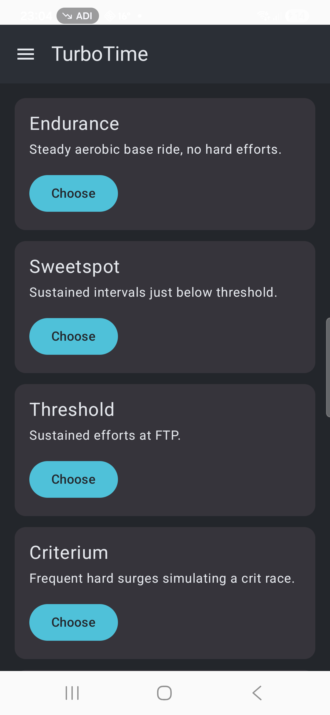 The workout library, showing Endurance, Sweetspot, Threshold and Criterium template cards, each with a short description and a Choose button.